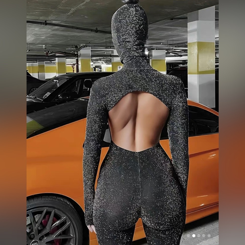 HOT 🔥 Black Glitter Open Back Jumpsuit Set Small - Picture 5 of 6